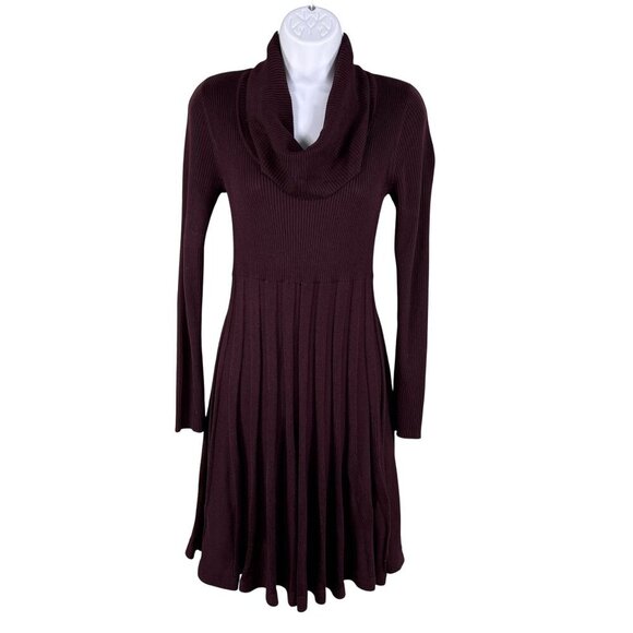 Calvin Klein Womens S Burgundy Ribbed Knit Cowl Neck Fit Flare Pleated Dress - Picture 1 of 16